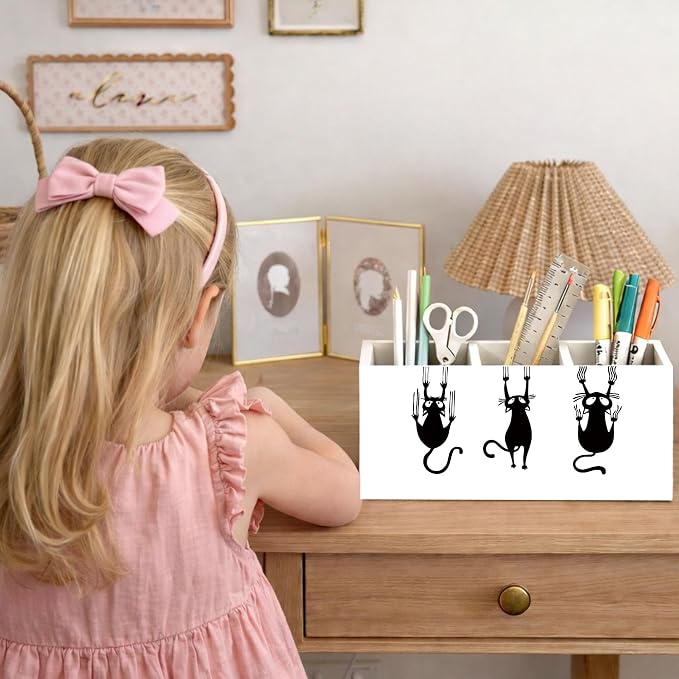 Funny Cat Pencil Holder, Wooden Desk Organizer with Cartoon Cats Climbing, Pen and Pencil Storage, Office and Study Desk Accessories