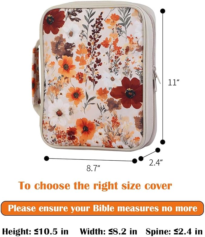 Fall Floral Bible Cover for Women | Wildflower Scripture Case with Zipper and Handle | Large Polyester Bible Bag with Pockets for Church, Study & Travel | Christian Gifts for Women