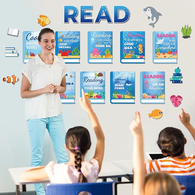 Under The Sea Reading Bulletin Board Poster for Classroom Motivational Dive Into Reading Bulletin Board Ocean Blue Animal Cutouts Elementary Educational Prints Poster for Teachers Preschool Library