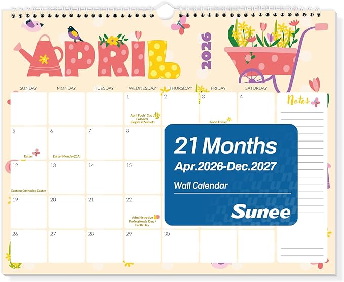 SUNEE Wall Calendar 2026-2027- 21 Months Apr.2026 - Dec. 2027, 14.5"x11.5" Big Grid Hanging Calendar 2026 with Note for Organizing & Planning, 2026 Wall Calendar with Note, Cute