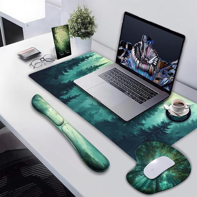 AQQA Desk Pad and Keyboard Wrist Rest,Large Mouse Pad + Keyboard Pad+Mouse Wrist Support+Coaster +Mobile Phone Holder, Non-Slip Desk Mat Protector for Office, Home(31.5×15.7 Inches,Forest Tree)