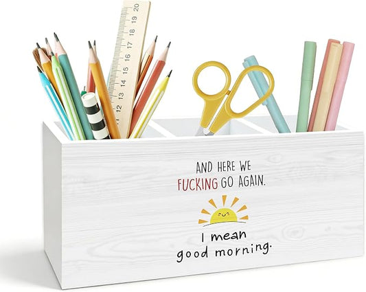 Funny Sun Pen Holder for Desk, Funny Sarcastic Gifts for Women Men Coworkers Wooden Box Pencil Pen Holder Organizer for Home Office Desk Accessories