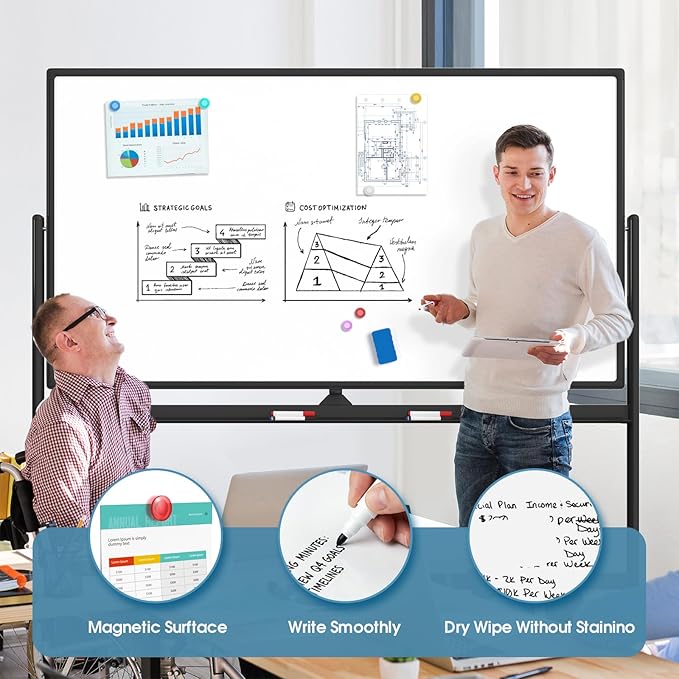 MaxGear Large Rolling Whiteboard, 72x40 Mobile White Board on Wheels, Double-Sided Magnetic Dry Erase Board with Stand, Adjustable Height Whiteboard for Home, School & Office, Black