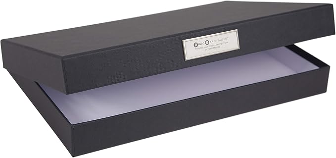 Bigso Sven Fiberboard Classic Hinged Document Box - File Organizer for Important Paperwork - Document Storage Box with Hinged Lid & Metal Label Window - 1.8 in x 13.2 in x 9.3 in - Dark Grey