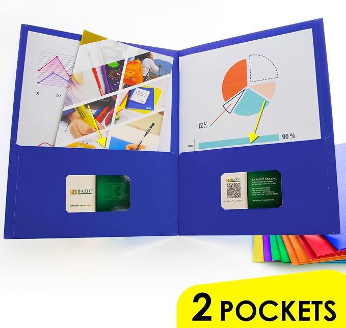 BAZIC Products 2 Pockets Paper Folder Portfolio, Letter Size Folders Holder, Assorted Color, 1 Unit, Random Color