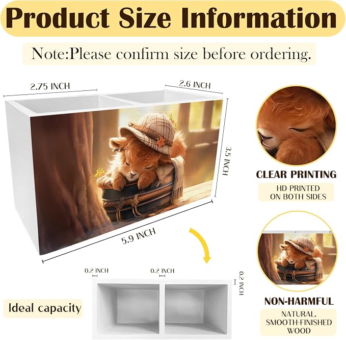 Sleepy Highland Cow Pen Holder for Desk, Highland Cow Lover Gifts Pencil Organizer, Rustic Fluffy Heifer Wooden Box Sign Desk Decor for Girls Nursery Home Office Decoration