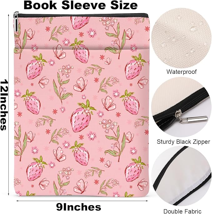 Book Sleeve Book Lovers Gifts Waterproof Books Pouch Protector Cover Gifts for Women Girls Bookworm Teacher Reader Librarian Birthday Graduation Christmas, Pink Floral Strawberry Butterfly Decor