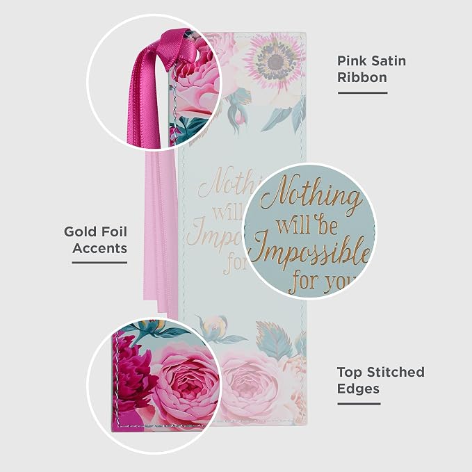 Christian Art Gifts Vegan Leather Scripture Bookmark for Women: Nothing Will Be Impossible for You - Matthew 17:20 Inspirational Bible Verse, Faith-Based Reading Accessory w/Tassel, Mint Green Floral