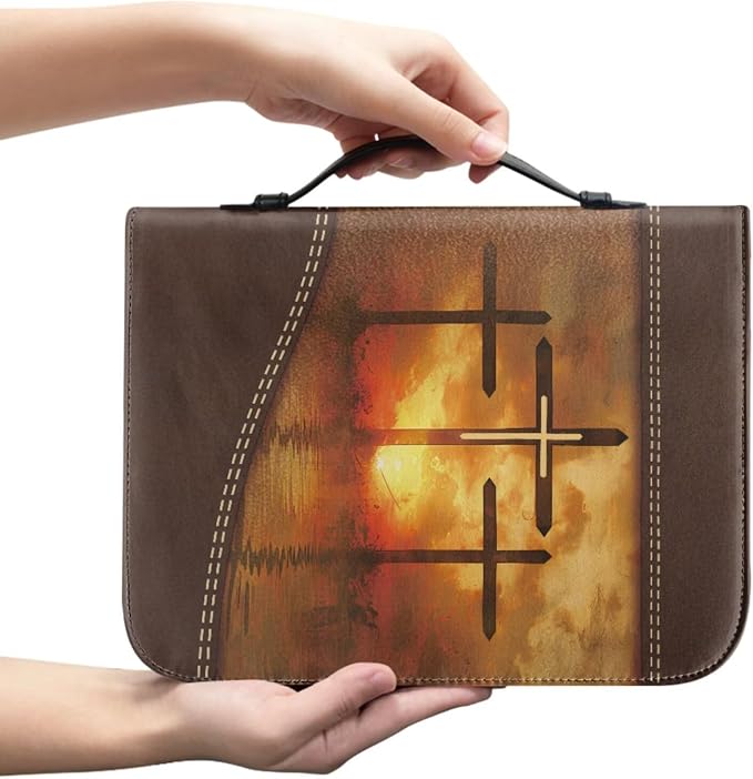Vintage Sunrise and Cross Bible Case with Bookmark Waterproof Bible Cover Case for Women Lightweight Bible Bag with Handle Pockets Church Book Bag Brown