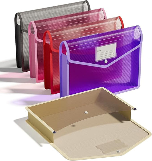 ThinkTex Plastic Expanding File Folder, Transparent Envelopes with Snap Closure, No Dividers, Large Capacity, Document Organizer for Receipts, Bills & Taxes, Fits Letter / A4 Size - 5 Pack