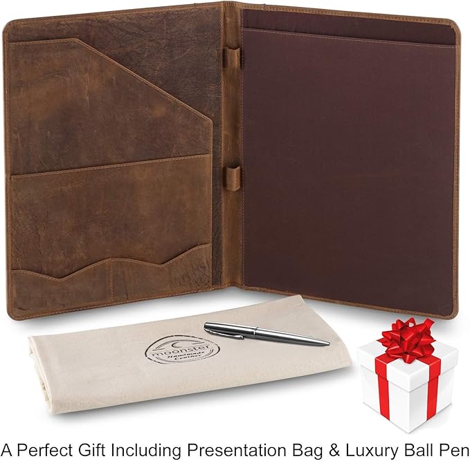 Moonster Leather Portfolio Professional Organizer Padfolio – Resume Folder with Luxury Pen - Leather Binder Portfolio Writing Pad with Business Card Holder - Portfolio Folder for Men & Women