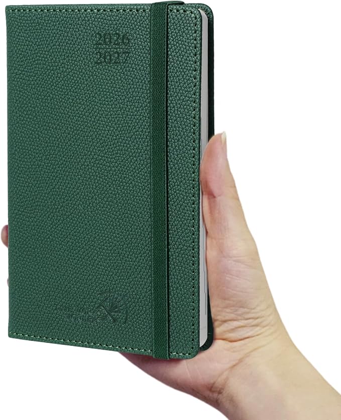 POPRUN 2026-2027 Pocket Weekly Planner Calendar, Size 4'' x 6.25'', Academic Planner (Jul 2026 - Jun 2027) Horizontal Layout with Lined Sections, Leather Hardcover, 100GSM Paper - Forest Green