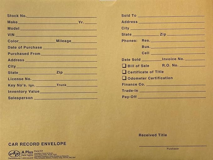 A Plus Car Record Envelope #19 Vehicle Dealer Jackets, 100 Quantity, Buff (W3)