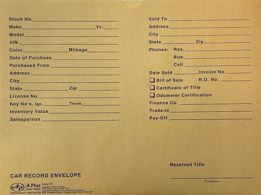 A Plus Car Record Envelope #19 Vehicle Dealer Jackets, 100 Quantity, Buff (W3)
