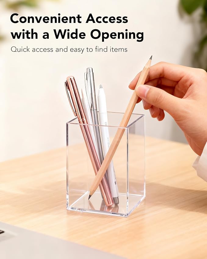 Clear Acrylic Pen Holder, Acrylic Makeup Brush Storage Organizer, Pencil Pen Holder for Desk, Modern Desktop Accessories for Office School Home Supplies