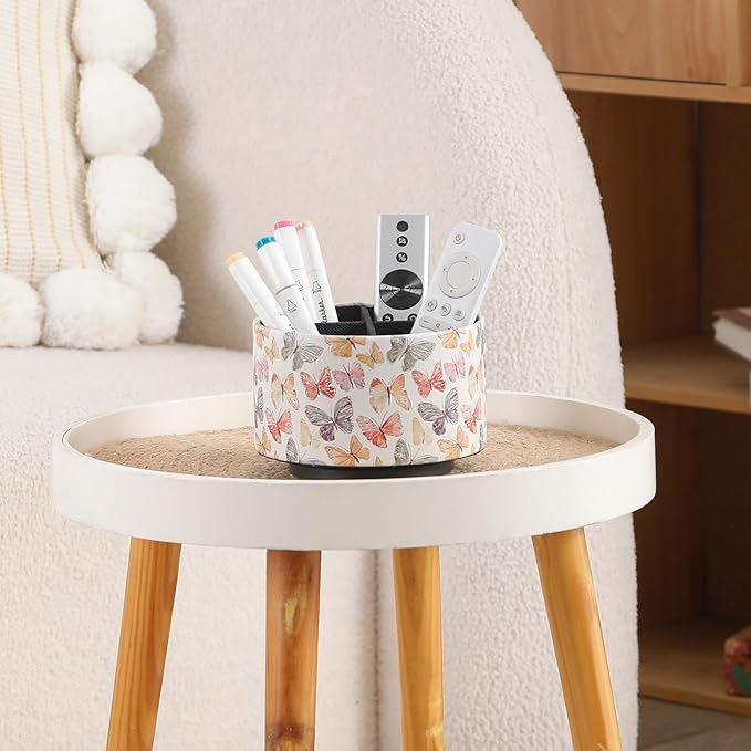 360 Degree Rotating Remote Control Holder for Table, PU Leather Spinning End Table Organizer Caddy, Cute Remote Control Caddy for Office Supplies, Makeup Brushes, Butterfly PH130