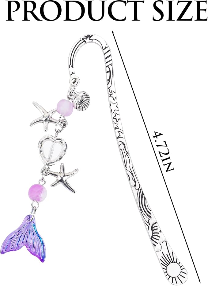 Fantasy Fish Tail Bookmark - Charm Purple Aesthetic Book Marks Cute Silver Chain Pendant Tassel Metal Bookmarks Reading Women Girls Kids Students Teachers Thank Valentines Gift Accessories