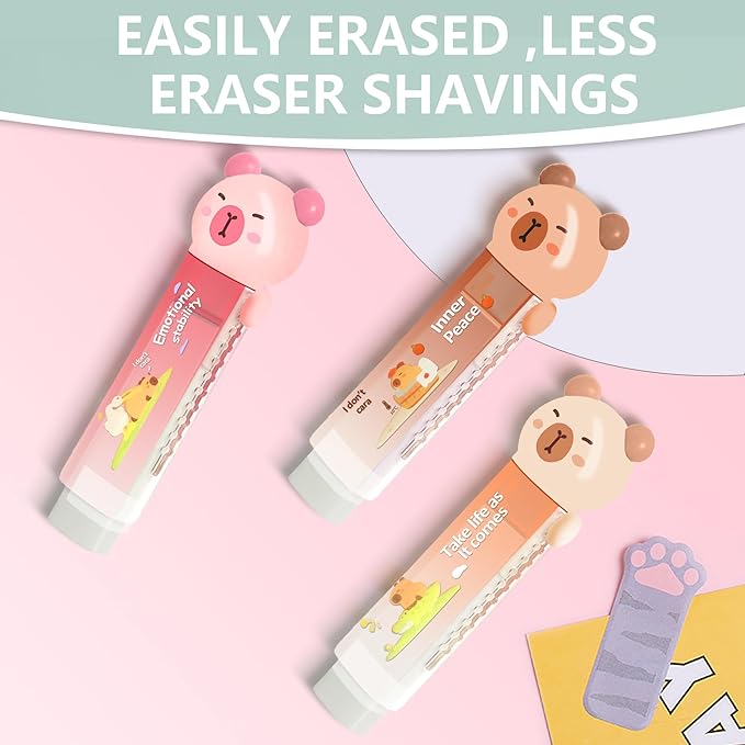 3Pcs Retractable Pencil Erasers, Cute Erasers,Kawaii Capybara Eraser,Suitable for School Home Office Supplies