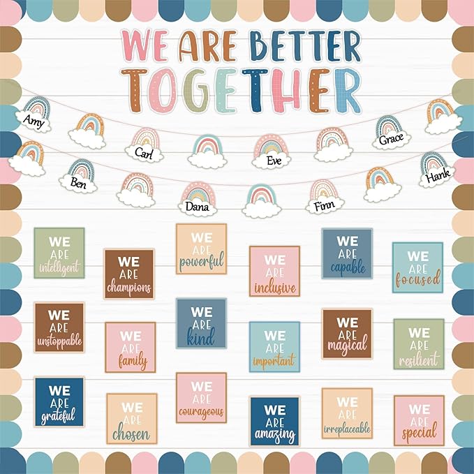 QOUBAI Boho Affirmation Station Bulletin Board Set Motivational Together We are Better Bulletin Board Inspirational Positive Sayings Cutouts Classroom Decor for Back to School Decor Wall Door