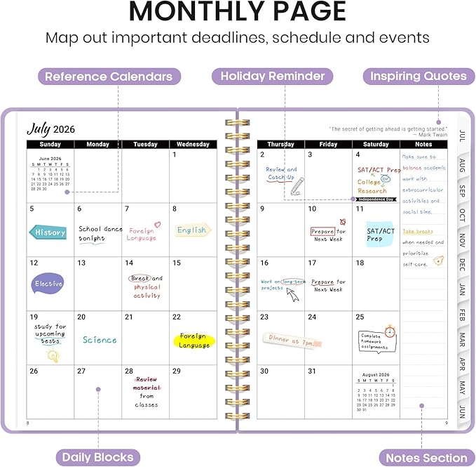 Planner 2026-2027 for Women & Men, Academic Monthly and Weekly Calendar Planner, Jul 2026 - Jun 2027, A4 (8.5" x 11"), Teacher Student Planning Book with Tabs, Ideal for Office School Supplies - Lilac Purple