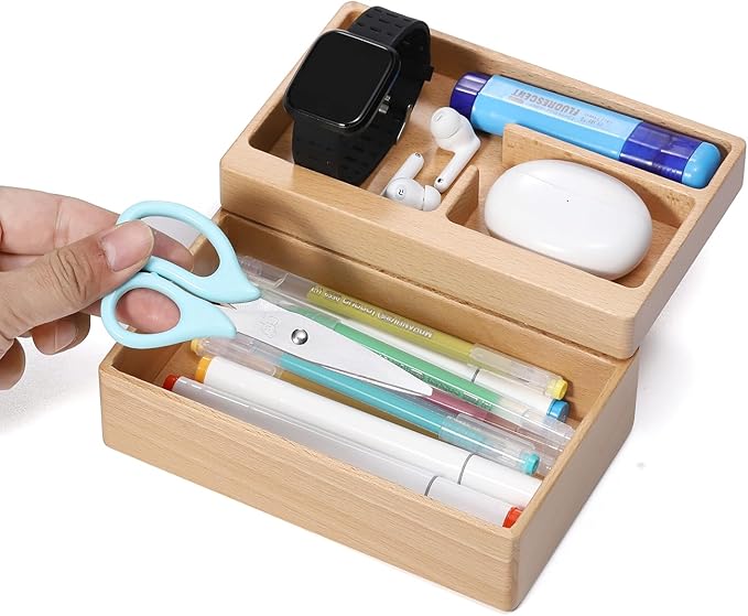 Valet Tray Box, Beech Wooden Storage Box with Magnetic Rotating, Office Desk Daily Supplies Organizer