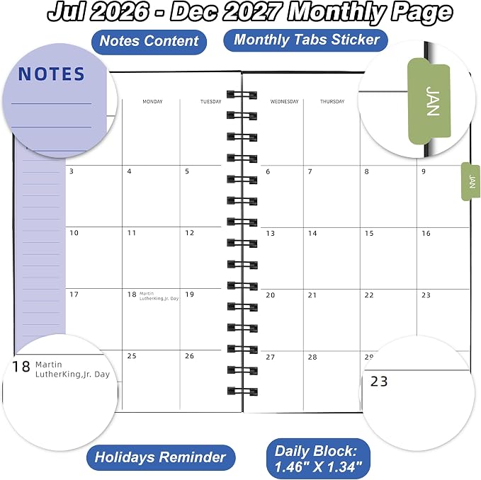 2026-2027 Weekly & Monthly Planner 5.6"x8.2", 18 Months Jul 2026–Dec 2027 Academic Agenda for School & Office, Waterproof PP Cover, Twin-Wire Binding, 100GSM Thick Paper, Black