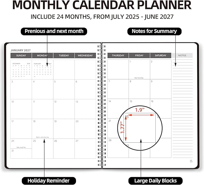Monthly Planner 2026-2027, 2026 Calendar 18 Months Planner, January 2026 - June 2027, 8.5" x 11", 2026 Academic Calendar Hard PVC Cover with Spiral Bound, Perfect for School & Office for Women & Men