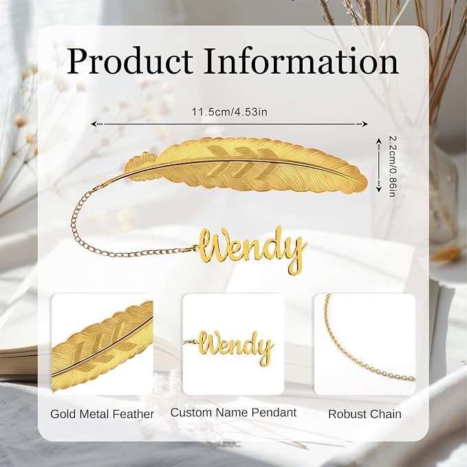 Custom Feather Bookmark Personalized Metal Bookmark with Name Pendant, Gold Silver Customized Gift for Bookworms, Teachers, Women Includes Gift Box