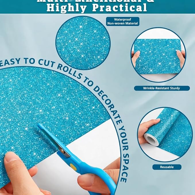 16" × 30ft Blue Glitter Bulletin Board Roll Reusable Board Background Paper Wallpaper DIY Art Poster Paper Classroom Bulletin Board Decor for School Office Arts Crafts Home Wall Decor Supplies