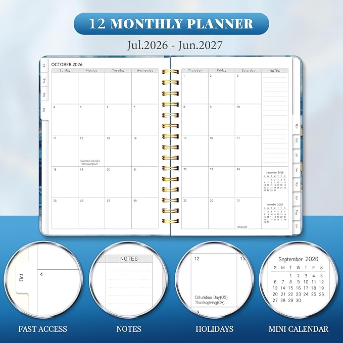 Lonely Oak Academic Planner 2026-2027, Daily Weekly and Monthly Agenda Planner 6.18" x 8.5" with Tabs, 12 Months Spiral School Year A5 Calendar from Jul.2026 to Jun.2027 for Student and Teacher (Dark Blue)