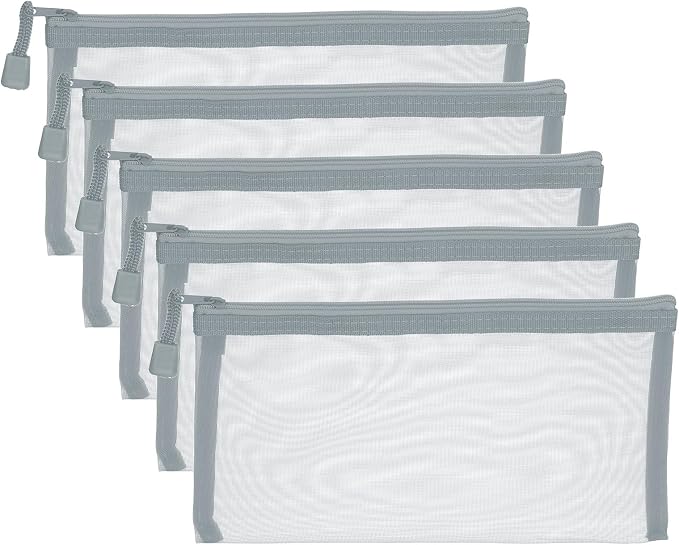 PATIKIL B6 Mesh Zipper Pouch Bags, 5 PCS Mesh Bags with Zipper Plastic Storage Pocket for Organizing File Beads Office Home Supplies, 11.5x23cm, Gray
