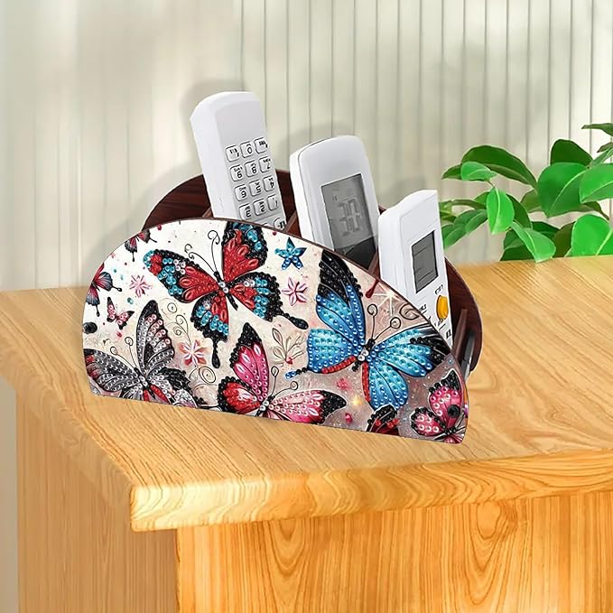 Remote Control Holder with 4 Compartments, DIY Diamond Art Painting Wooden Half Moon TV Control Holder for Remote Controllers, Office Supplies, Makeup Brush, Media Accessories-Butterfly-2