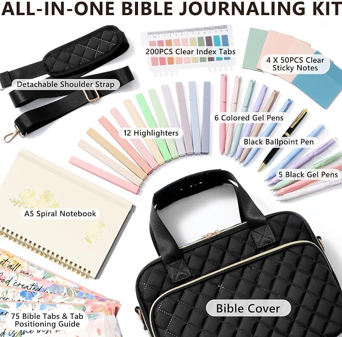 Bible Cover Case for Women, Large Bible Bag Bible Study Supplies Accessories Journaling Kit with Highlighters Tabs, Quilted Book Carrying Cases with Shoulder Strap, Christian Easter Gifts for Women