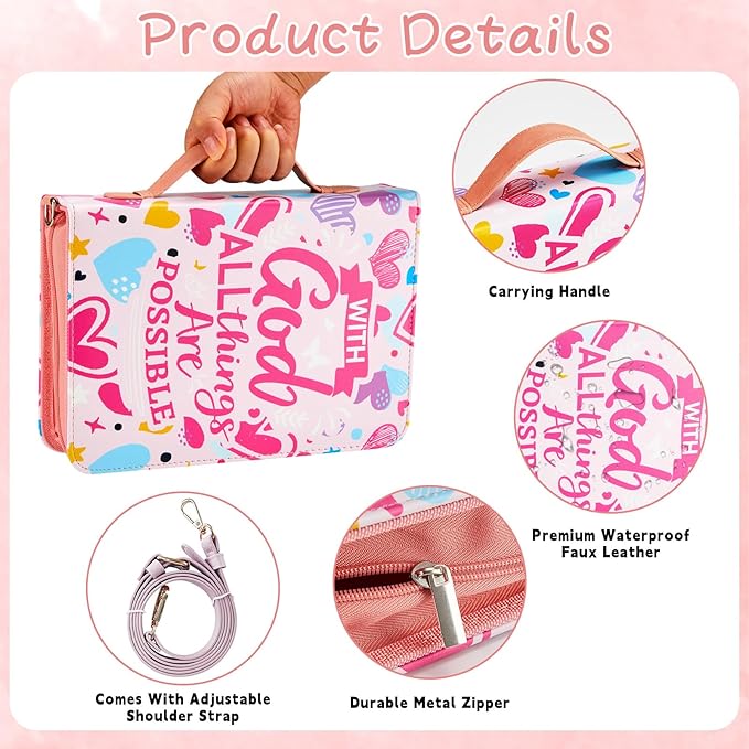19PCS Pink Love Heart Leather Bible Cover for Women Bible Cover Cases for Teen Girls Christmas Gift Christian Church Carrying Bag Journaling Kit with Shoulder Strap Highlighter Pens Book & Marker