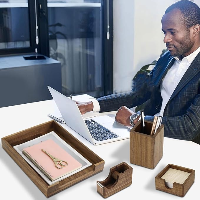 MultiBey 4PCS Walnut Wood Office Supplies Set, North America Black Walnut Lettle Tray and Tape Dispenser Organizer Wood Desk Accessories Sticky Notes Memo Pad Holder and Pencil Holder