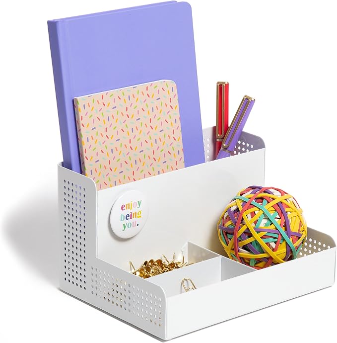 U Brands Modern Perforated Storage Cup Desk Organizer, Office Supplies, White, Metal, 1 Count