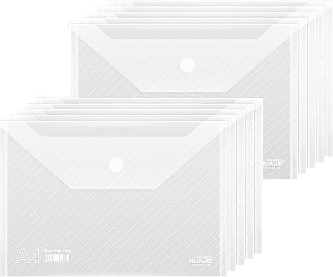 10 Pack, Plastic Envelopes – Transparent Waterproof Reusable File Folders for A4 Letter Sized Documents, Receipts, Photos & Office/School Use (10)