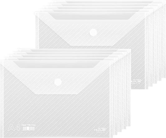 10 Pack, Plastic Envelopes – Transparent Waterproof Reusable File Folders for A4 Letter Sized Documents, Receipts, Photos & Office/School Use (10)