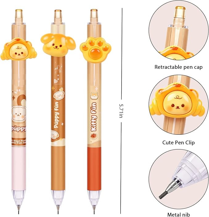3Pcs Cute Dog Mechanical Pencils with Eraser 0.5mm Kawaii Cartoon Mechanical Pencil School Pencil Dog Gifts for Women Man