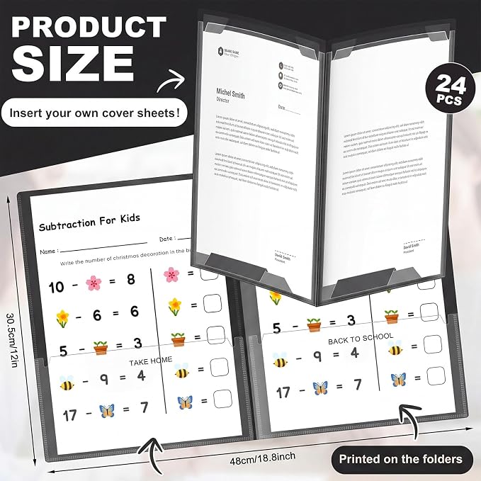 Henoyso 24 Pcs Take Home Folder Heavy Duty 2 Clear Front Pockets and 2 Inside Pockets Homework Folders for School Students Parent Teacher Classroom Communication (Black)