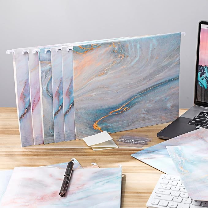 Estune 32 Pcs Marble Decorative Hanging File Folders Letter Size Cabinet File Folders Organizers with 1/5 Cut Adjustable Tabs for Office Desk School Filing Cabinet Home