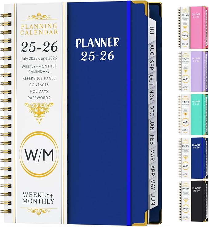 Daily Planner 2025-2026, Monthly and Weekly Calendar Planner with Tabs, July 2025 - Jun 2026, Inner Pocket, 6.2" x 8.5" A5 Size, Perfect for Office Home School Supplies, Spiral Bound, Navy ﻿ ﻿
