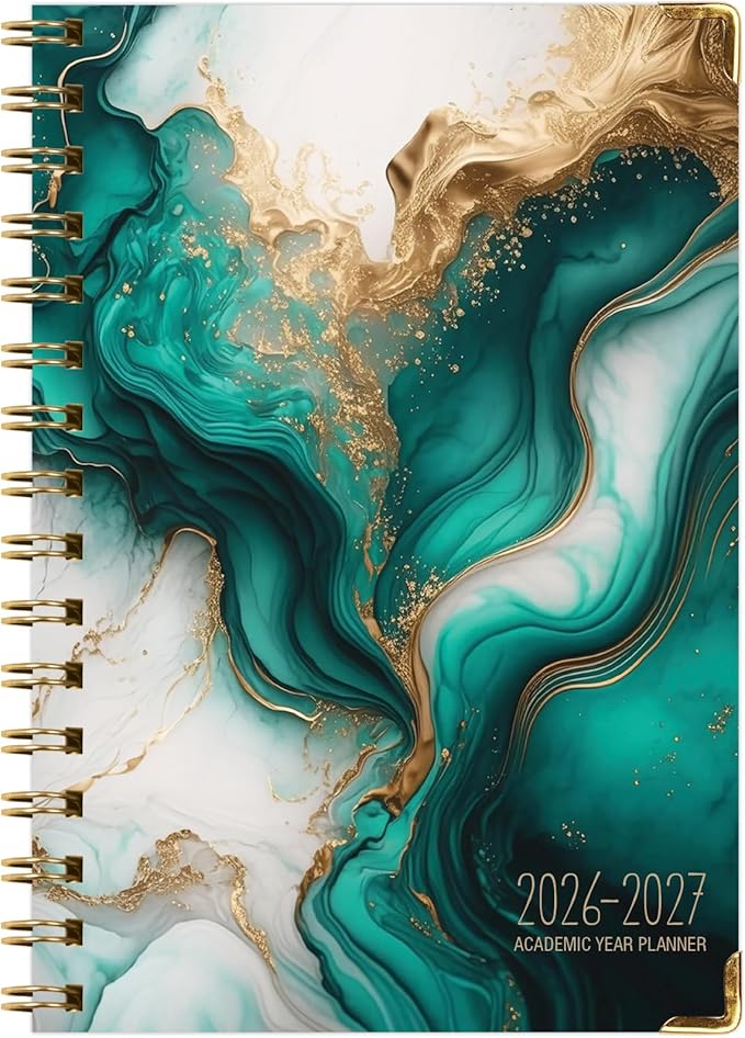 HARDCOVER Academic Year 2026-2027 Planner: 14 Months (May 2026 Through June 2027) 5.5"x 8" Daily Weekly Monthly Planner Yearly Agenda. Bookmark, Pocket Folder and Sticky Note Set (Teal Gold Marble)