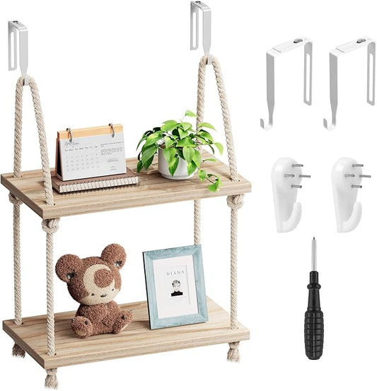 2 Tier Cubicle Shelf for Walls, 11.8" Wooden Hanging Wall Shelf with Hooks & Cotton Rope, Boho Style Office Cubicle Accessories for Work, Desk Wall Storage Organizer for Office Decor
