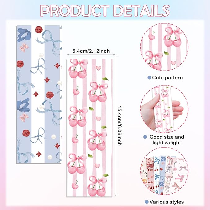 Coquette Aesthetic Bookmarks, 60 Pcs Vintage Cute Paper Book Marks Gifts(6 × 2 in), Pink Bow & Cherry Designs, Double-Sided Glitter-Laminate Reading Accessories for Women and Book Lovers