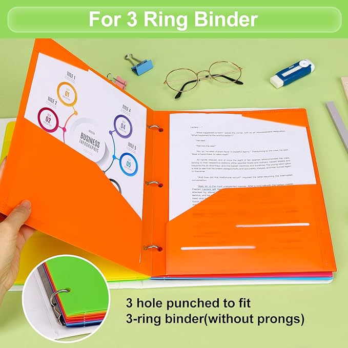 EOOUT Plastic Folders 24pcs with Pockets 3 Hole Punched for 3 Ring Binder Poly Pocket Folders with 2 Pockets 8 Assorted Colors Heavy Duty File Folders for School and Office Letter Size