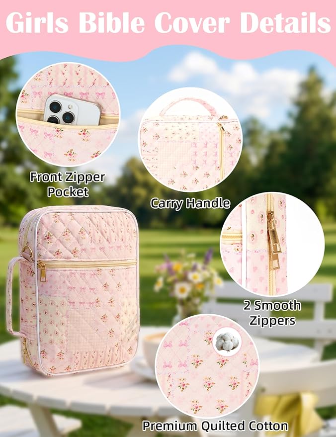 Large Bible Cover Case for Women - Bible Case with Durable Handle, Shoulder Strap - Quilted Bible Cover with Bible Study Supplies- Christian Gift for Women Girls Friends