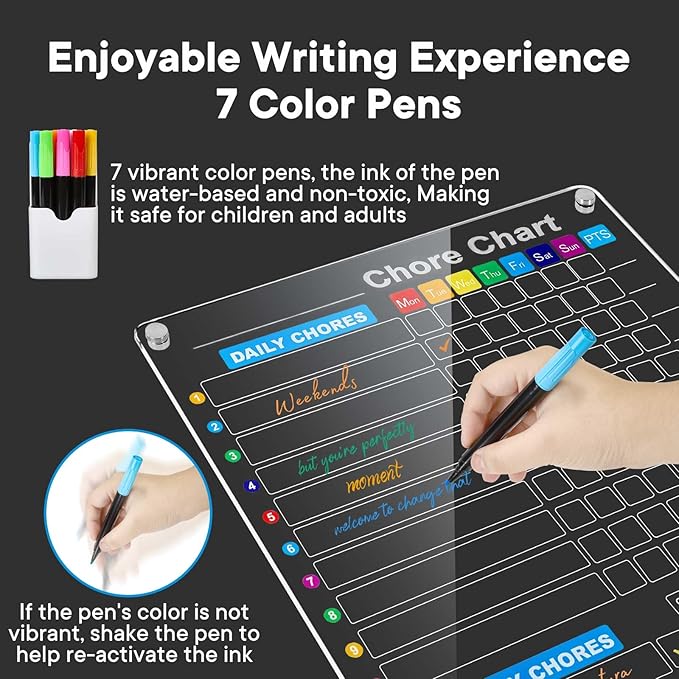 2-Pack Acrylic Magnetic Chore Chart for Kids, 12"x16" Daily/Weekly Easy-Check Reward Responsibility to Do List, Fridge Dry Erase Board for Multiple Kids Teens Adult Family, 7 Markers