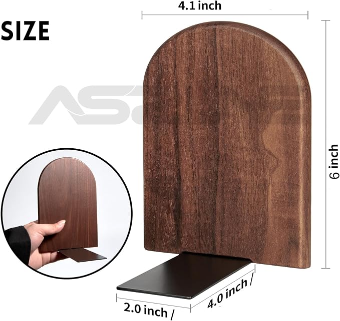 Book Ends, 1Pairs Walnut Heavy Duty Bookends, Holds Heavy Books, Non-Skid, Perfect for Office Desk