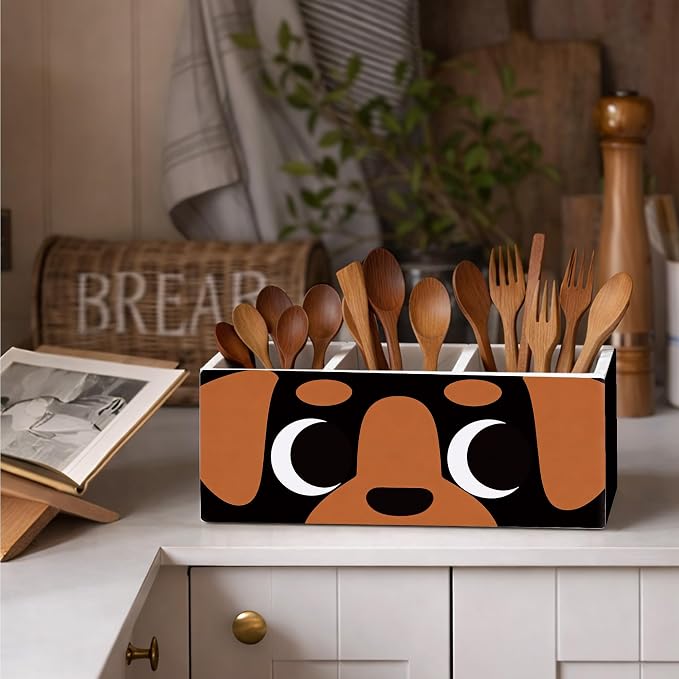 Dog Face 3-Compartment Desk Organizer, Wooden Pencil Holder for Pens, Pencils, Scissors, Ruler, Cute Dog-Themed Storage Box for Kids, Home & Office